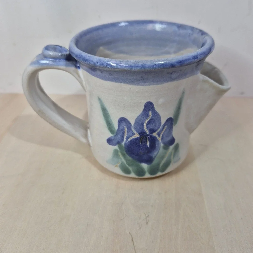 Studio Pottery Shaving Scuttle Mug Hand Painted Blue Iris Floral Stoneware 4in